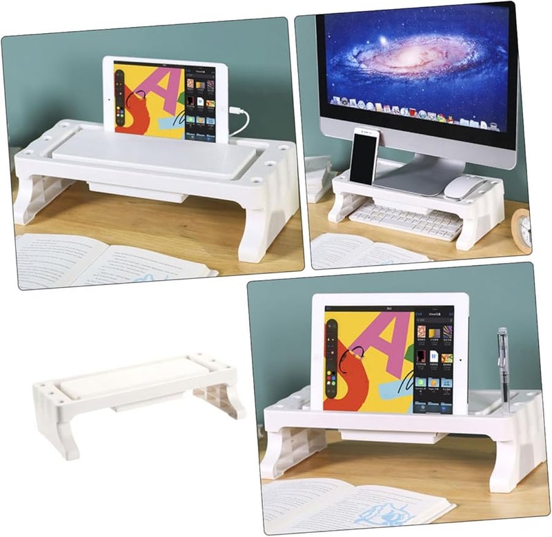 White Monitor Riser Stand Multifunctional Elevated Shelf Storage Desk for Home Office - Image 5
